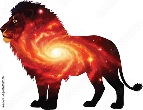 Silhouette of a regal lion filled with a vibrant galaxy, isolated on white background a stunning fusion of terrestrial power and cosmic beauty