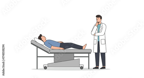 A doctor contemplating a patient lying on an examination table in a medical office