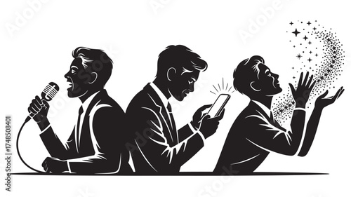 Silhouetted man in three stages singing into a microphone using a mobile phone and reaching for stars vector illustration for business concepts
