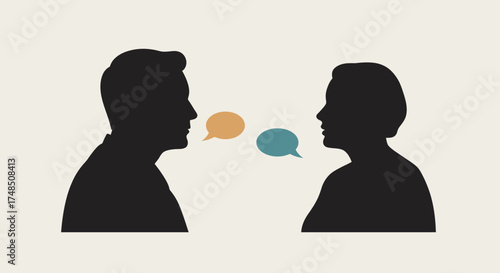 Silhouette illustration of a man and a woman engaged in conversation, representing dialogue, communication, and the exchange of diverse ideas