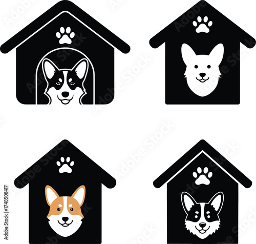 Four black dog houses with different dog faces inside isolated on white background