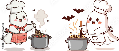 Cute ghost chefs cooking pasta isolated on white background