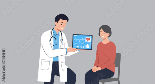 Male doctor explaining heart health results on a digital tablet to a senior female patient during a medical consultation