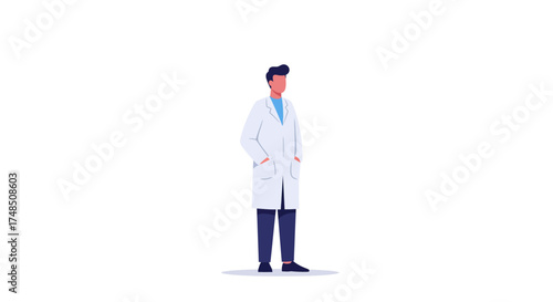 Illustration of a medical professional in a lab coat standing with hands in pockets on a white background