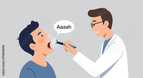 Medical consultation concept with a doctor performing a throat examination on a patient saying aaah for a health checkup