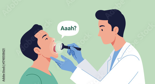 A doctor in a white coat uses a flashlight to examine a male patient's open mouth and throat during a medical check-up