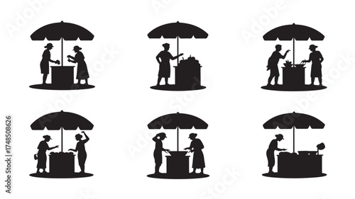 Set of vendor silhouette illustrations people selling goods at market stalls vector design for commercial use