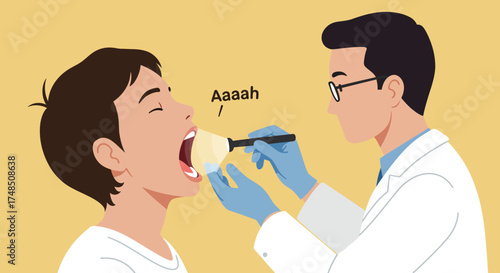 Doctor examining a patient's throat with a tongue depressor in a medical checkup illustration