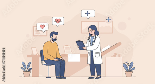 A female doctor provides medical consultation and advice to a male patient during a clinic visit for a health checkup and examination