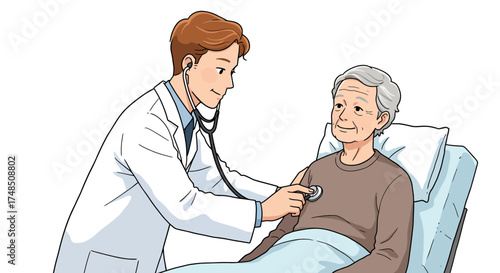 Doctor examining an elderly patient with a stethoscope, depicting a medical consultation and healthcare