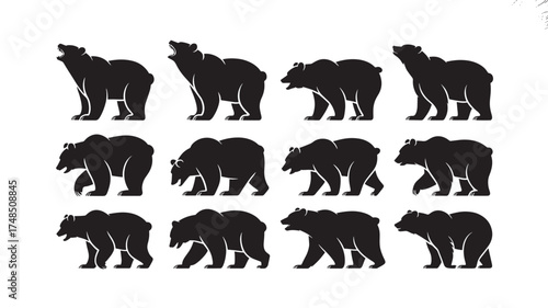 Set of bear silhouettes in various poses vector illustration of wild animal isolated on white background
