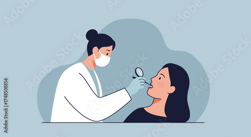 Illustration of a medical professional performing a dental examination on a patient