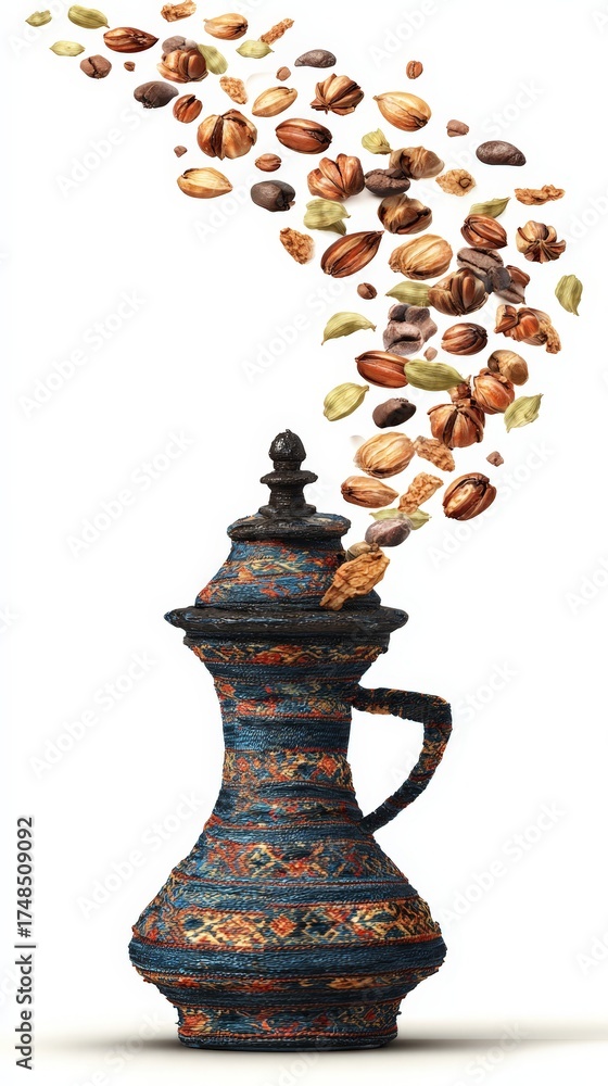 Fototapeta premium Traditional middle eastern coffee pot with flying spices