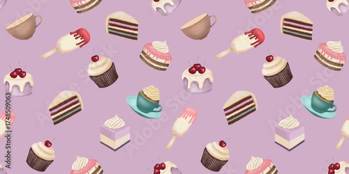 Seamless pattern with cute desserts — cupcakes, cakes, popsicles, and coffee cups in pastel tones on a pink background. Perfect for bakery packaging, fabric prints, and sweet-themed digital projects.