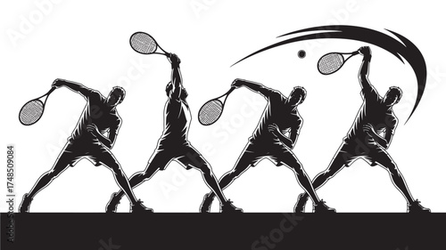 Tennis player silhouette in motion sequence vector illustration of a sportsman hitting a ball action sequence for sports design