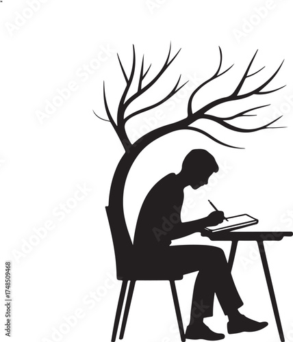 Silhouette of a person writing under a tree
