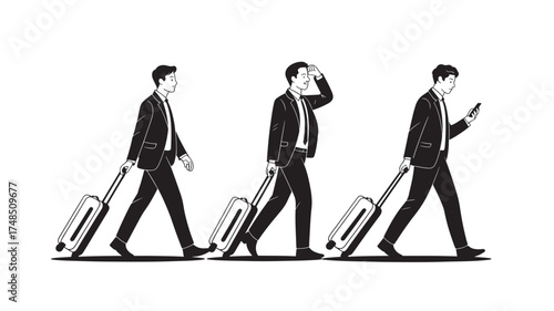 Three business men pulling luggage vector illustration in black and white representing travel and business trips