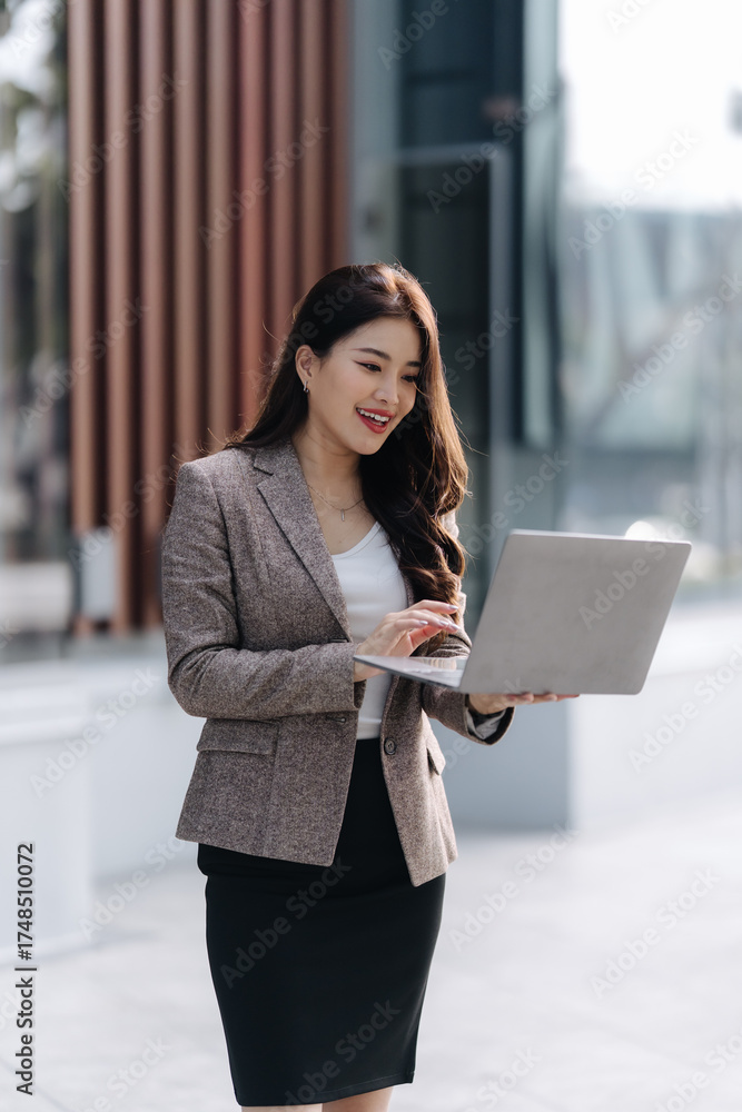 Fototapeta premium Confident Professional Engaged in Modern Work: An elegant professional woman, exuding confidence, focuses intently on her laptop.