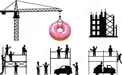 Cartoon construction site illustration with workers, crane lifting donut, scaffolding teamwork, building under construction, repair, maintenance, vector design concept