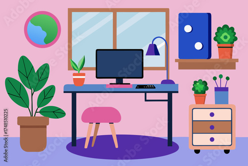 Minimalist Home Office Design with Computer, Laptop, Plants and Artwork – Creative Workspace Vector Illustration Generative AI