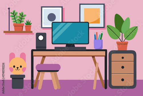 Minimalist Home Office Design with Computer, Laptop, Plants and Artwork – Creative Workspace Vector Illustration Generative AI