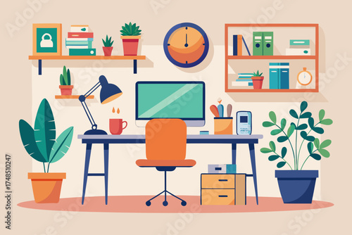 Minimalist Home Office Design with Computer, Laptop, Plants and Artwork – Creative Workspace Vector Illustration Generative AI