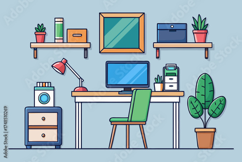 Minimalist Home Office Design with Computer, Laptop, Plants and Artwork – Creative Workspace Vector Illustration Generative AI