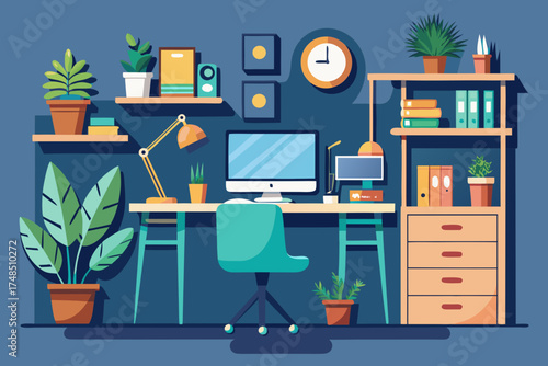 Minimalist Home Office Design with Computer, Laptop, Plants and Artwork – Creative Workspace Vector Illustration Generative AI