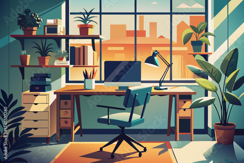 Minimalist Home Office Design with Computer, Laptop, Plants and Artwork – Creative Workspace Vector Illustration Generative AI