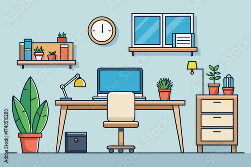 Minimalist Home Office Design with Computer, Laptop, Plants and Artwork – Creative Workspace Vector Illustration Generative AI