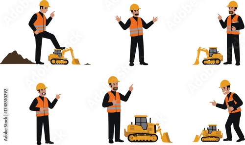 Cartoon construction workers with excavator and bulldozer, safety vest, hard hat, teamwork, building site, heavy machinery, vector illustration design concept
