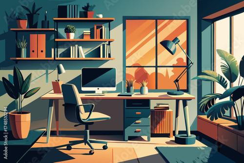 Minimalist Home Office Design with Computer, Laptop, Plants and Artwork – Creative Workspace Vector Illustration Generative AI