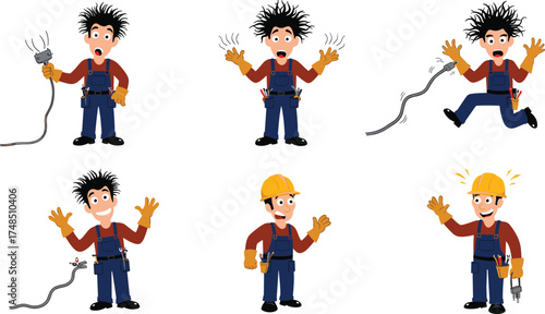 Cartoon electrician character set showing electrical safety, shock hazard, repair, maintenance, danger, protection, hard hat, vector illustration design concept