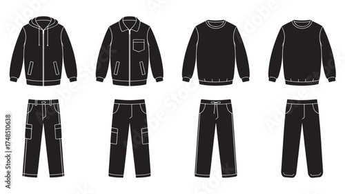Set of black mens clothing including hoodies jackets sweatshirts and pants vector illustration for fashion design and apparel mockups