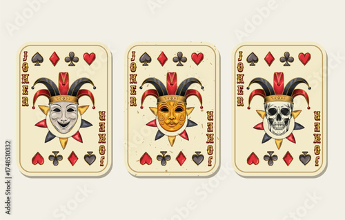Set of white joker cards with skull, theatrical masks in harlequin hat, icons of playing card suits