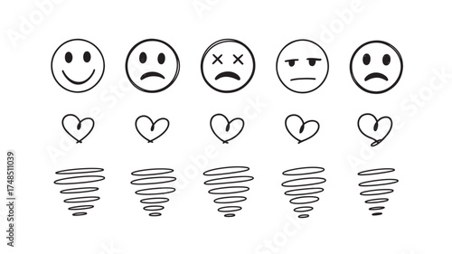 Hand drawn emotion icons including happy sad and angry faces with heart and tornado symbols vector illustration