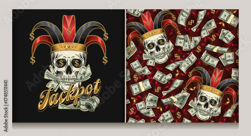 Label, seamless pattern with Joker skull, scattered golden dollar symbol, flying 100 dollar bills. Mouth of skull is full of cash money. Concept of luck, success, win jackpot