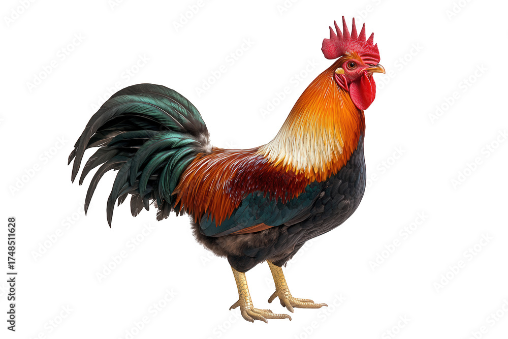Fototapeta premium A vibrant rooster isolated on transparent background, showcasing its colorful plumage, including orange neck feathers, a red comb, and a green tail, standing tall