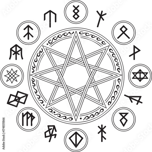 Black and white circular design with a star and ancient symbols rune occult