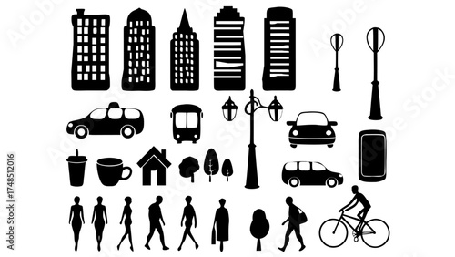 Black silhouette vector icons representing modern urban lifestyle like skyscrapers, cars, bicycles, coffee cups, smartphones, street lamps, and people walking.