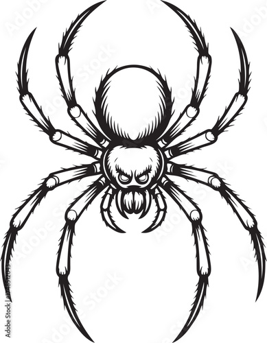Black and white illustration of a menacing spider with sharp fangs and hairy legs arachnid insect
