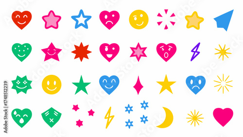 Flat vector illustration of colorful comic-style emotion doodle symbols. Includes expressive faces, hearts, stars, speech bubbles, tears, laughter lines, and sparkles.