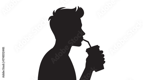 Silhouette of a young man drinking from a cup with a straw isolated vector illustration representing refreshment and beverage consumption