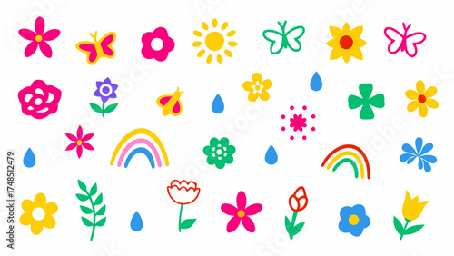 Flat vector illustration of colorful spring doodle elements. Features flowers, butterflies, leaves, rainbows, raindrops, and bees.