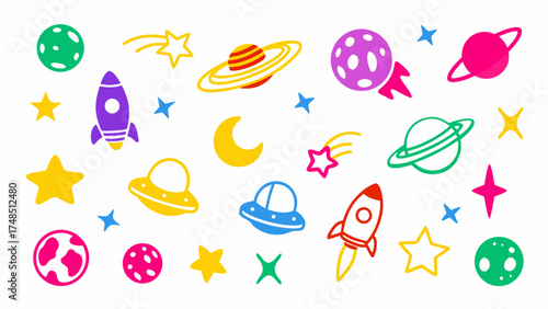 Flat vector illustration of colorful outer-space themed doodles. Includes rockets, stars, planets, moons, UFOs, constellations, and astronaut helmets.