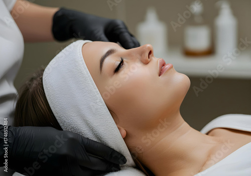 Skincare professional applying headband to client beauty