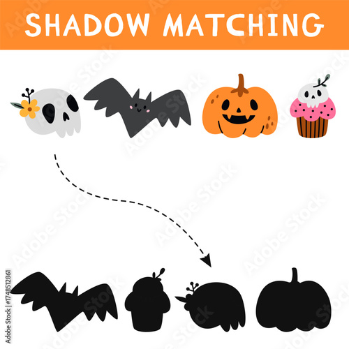Halloween shadow matching activity for children. Autumn puzzle with cute elements. Fall educational game for kids. Find the correct silhouette printable worksheet. Vector cartoon illustration