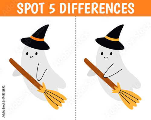 Cute ghost in cartoon style. Find 5 differences. Educational matching animal game for children. Printable worksheet with solution for school and preschool. Vector cartoon illustration.