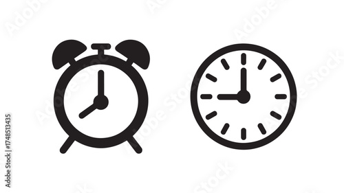 Alarm clock and wall clock icons simple line vector symbols for time management and reminders isolated on white background