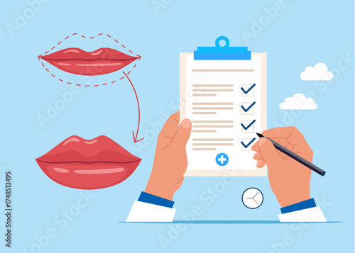 Checking patient. Correction of augmentation volume Lip, changing Lip shape during rhinoplasty surgery. Medical health checklist organs. Vector flat illustration.